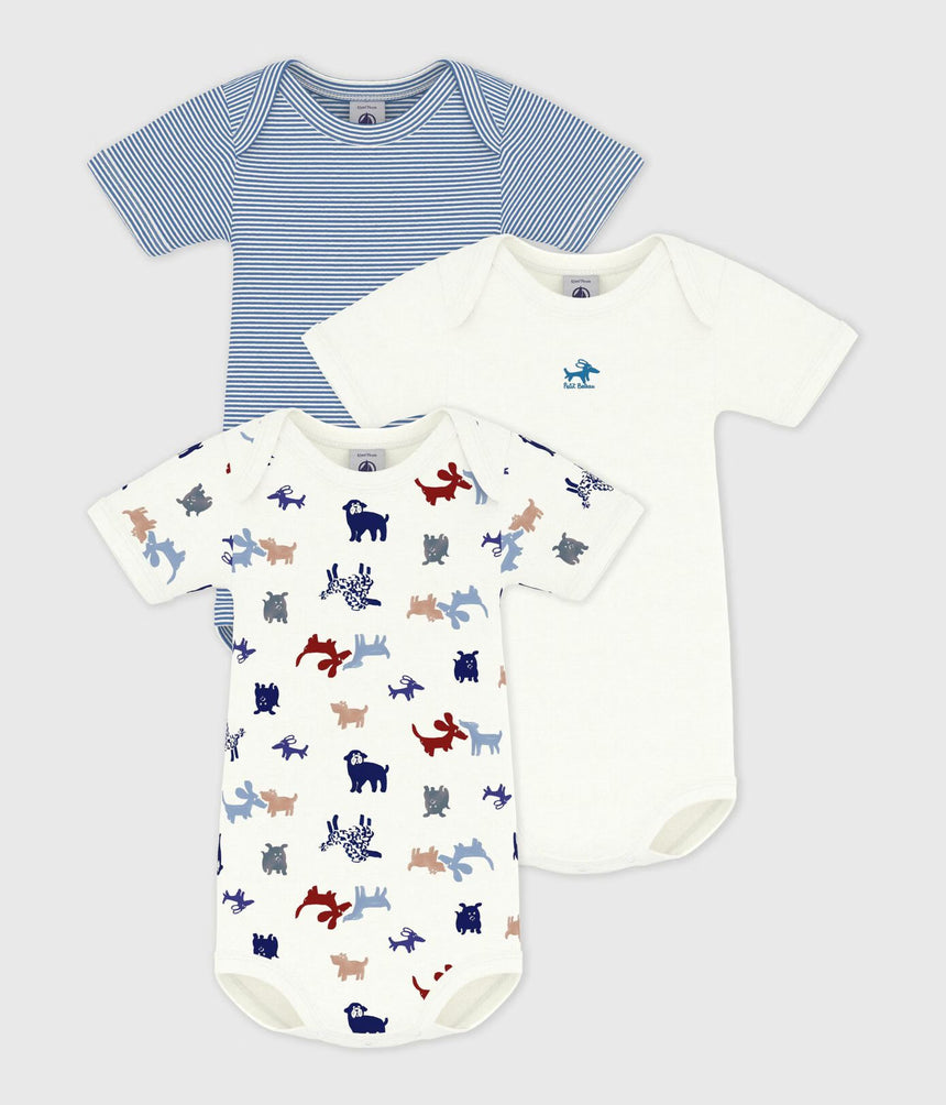 PACK OF BABIES' SHORT SLEEVED DOG PRINT COTTON BODIES