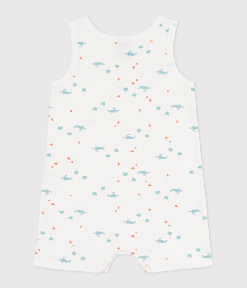 BABIES' SLEEVELESS SHORT COTTON JUMPSUIT PRINTED WITH TURTLES