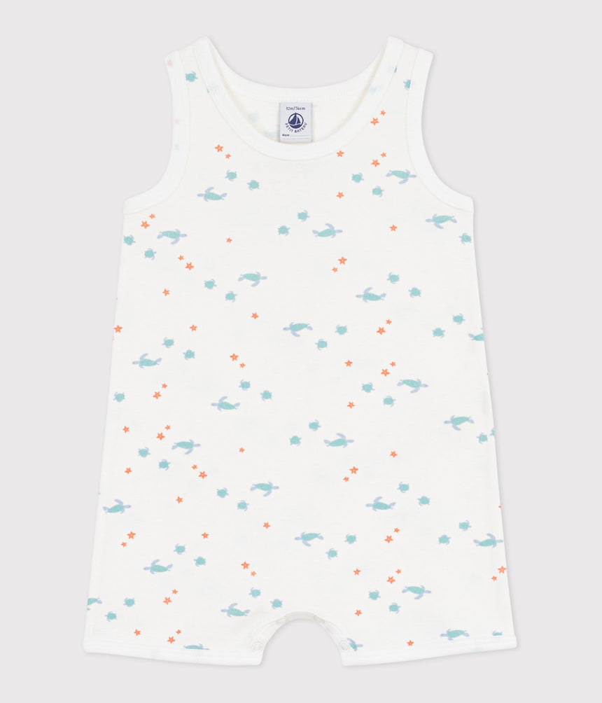 BABIES' SLEEVELESS SHORT COTTON JUMPSUIT PRINTED WITH TURTLES