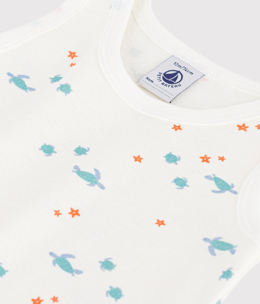 BABIES' SLEEVELESS SHORT COTTON JUMPSUIT PRINTED WITH TURTLES