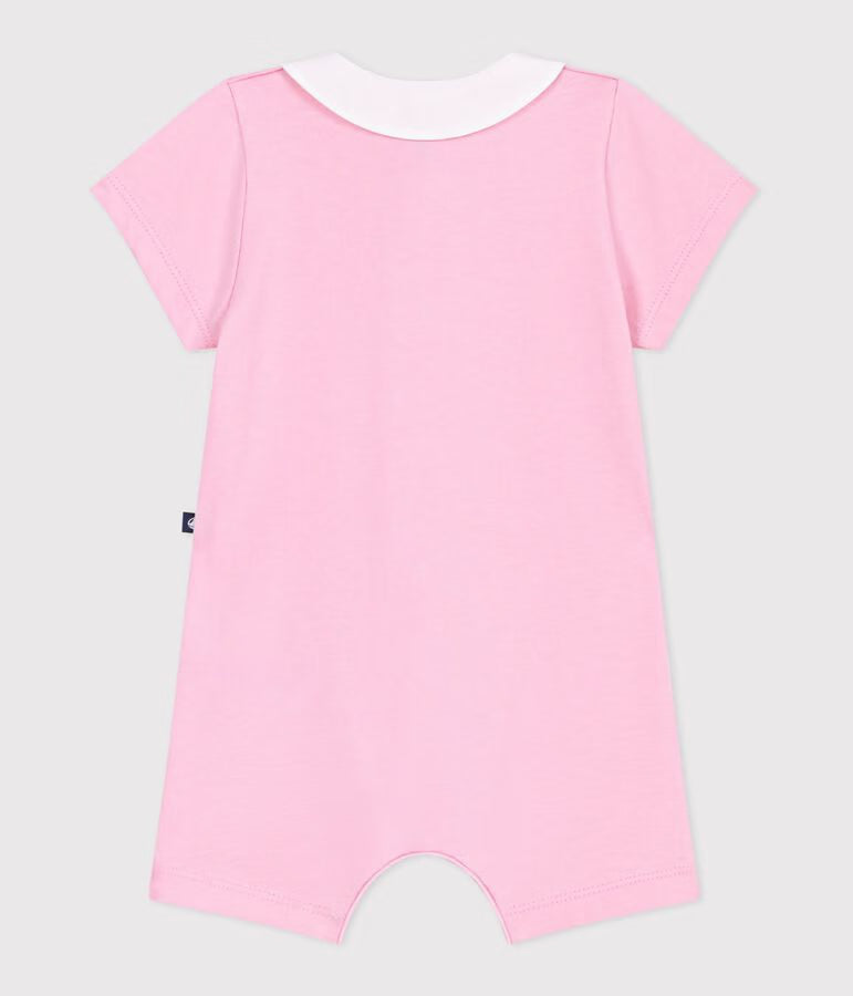 BABIES’ SHORT COTTON JUMPSUIT WITH HEARTS EMBROIDERED ON THE COLLAR