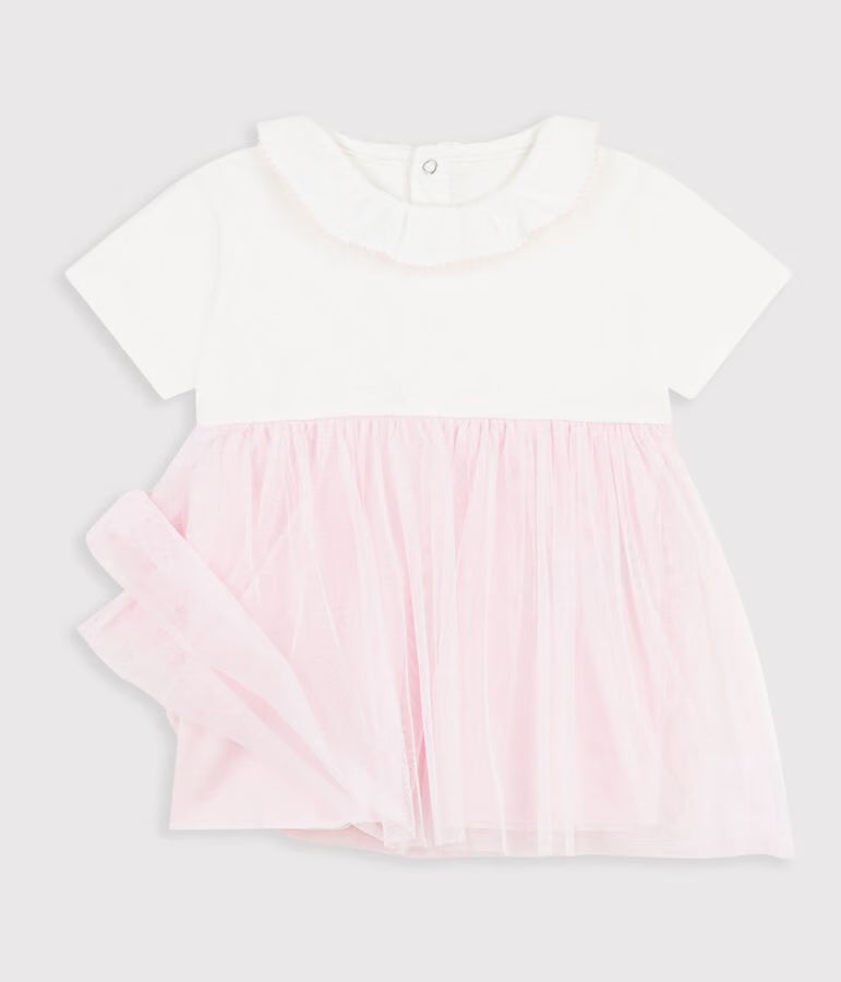 BABIES' SHORT-SLEEVED DRESS IN TWO MATERIALS