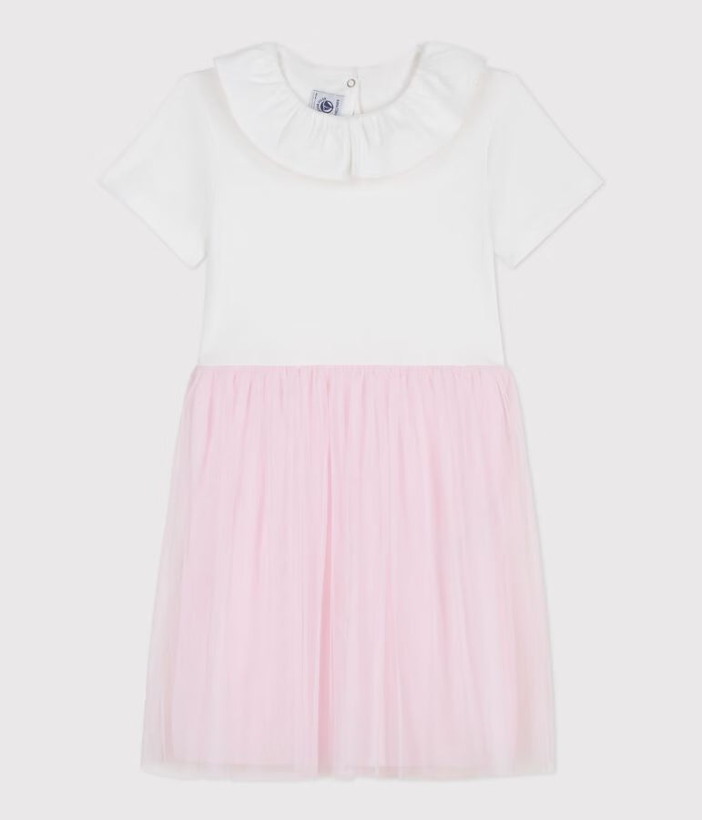 CHILDREN'S SHORT-SLEEVED COTTON AND TULLE HEART-PATTERNED DRESS