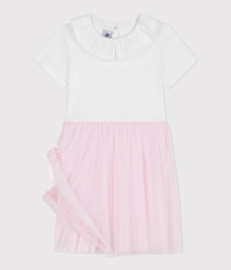 CHILDREN'S SHORT-SLEEVED COTTON AND TULLE HEART-PATTERNED DRESS