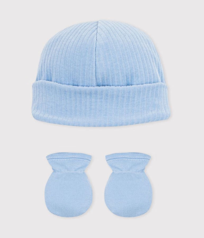 BABIES' COTTON BEANIE AND MITTENS SET