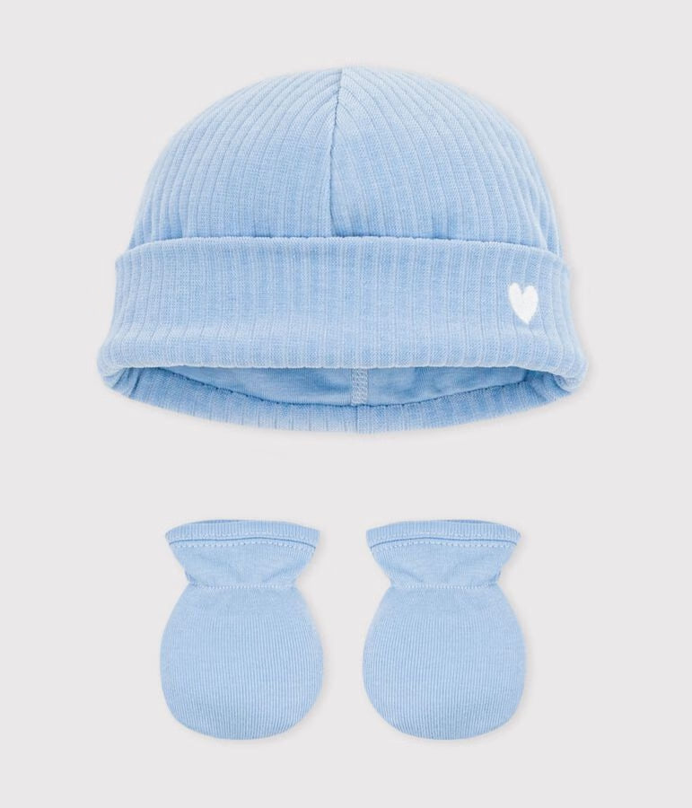 BABIES' COTTON BEANIE AND MITTENS SET