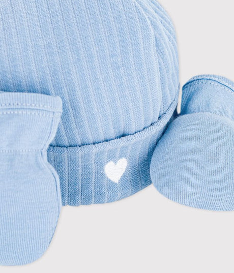 BABIES' COTTON BEANIE AND MITTENS SET