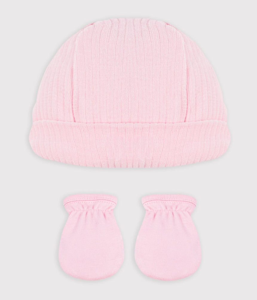 BABIES' COTTON BEANIE AND MITTENS SET