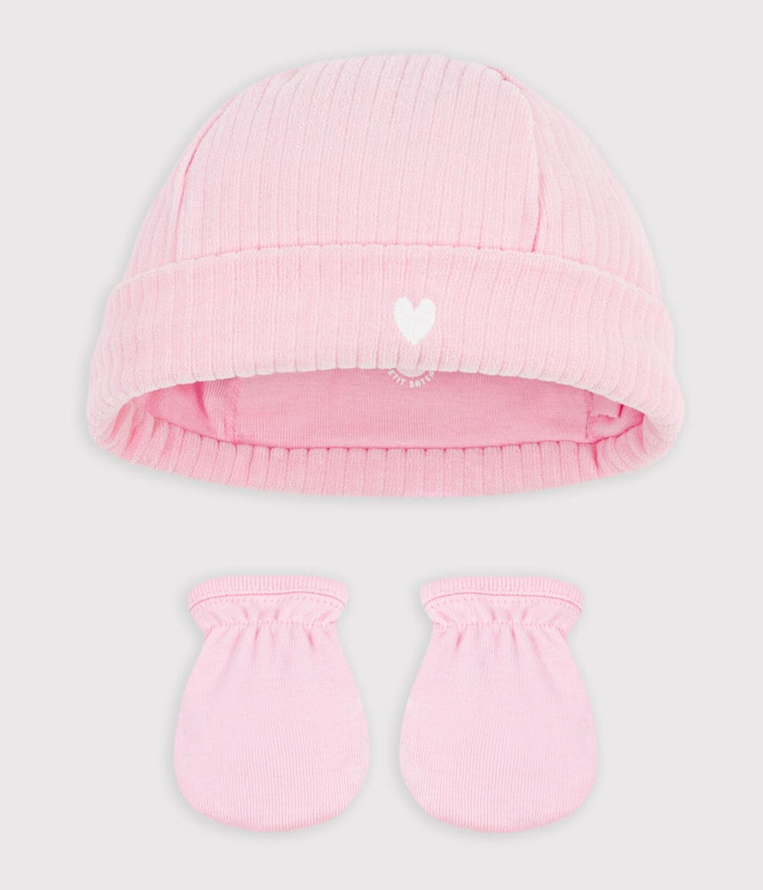 BABIES' COTTON BEANIE AND MITTENS SET