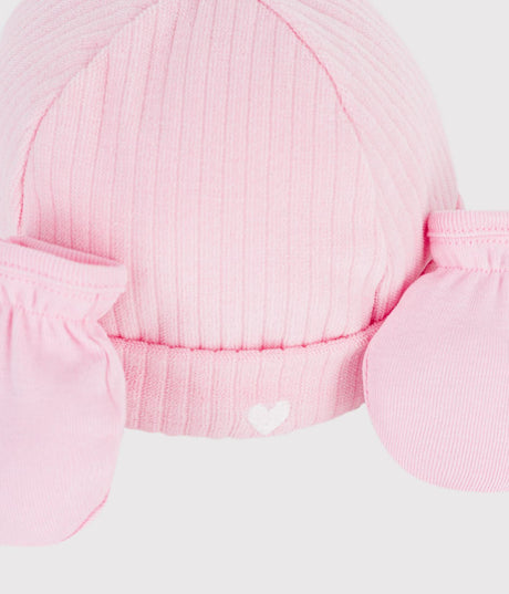 BABIES' COTTON BEANIE AND MITTENS SET