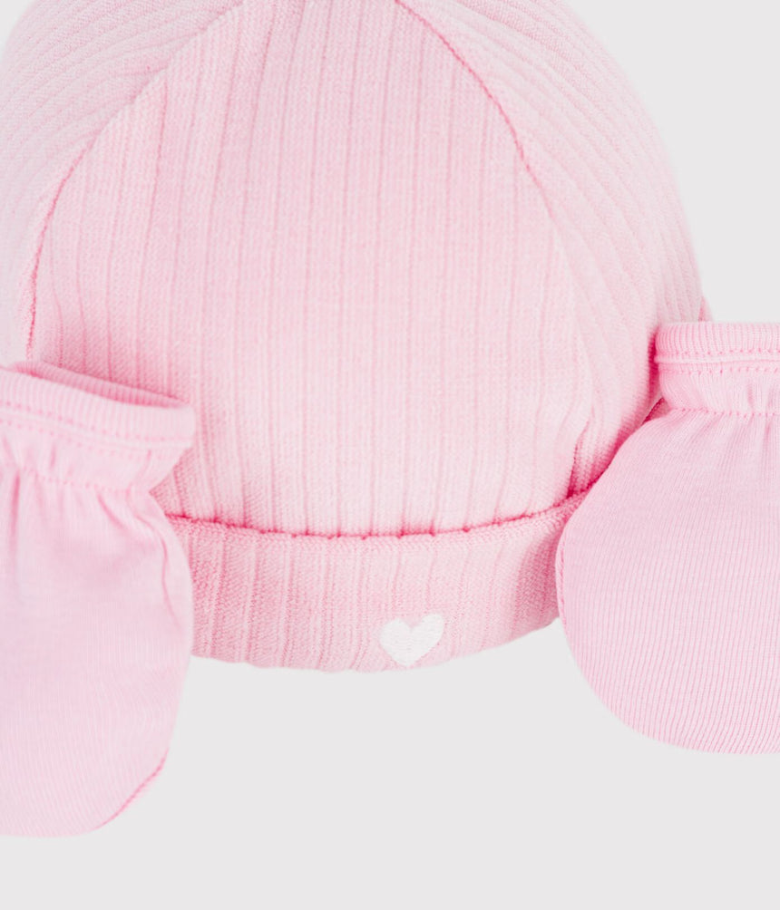 BABIES' COTTON BEANIE AND MITTENS SET