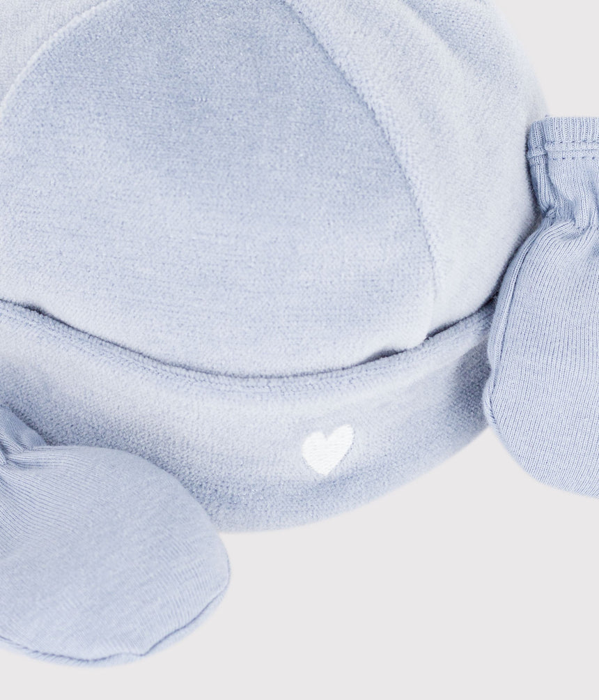 BABIES' PLAIN BEANIE AND MITTENS SET