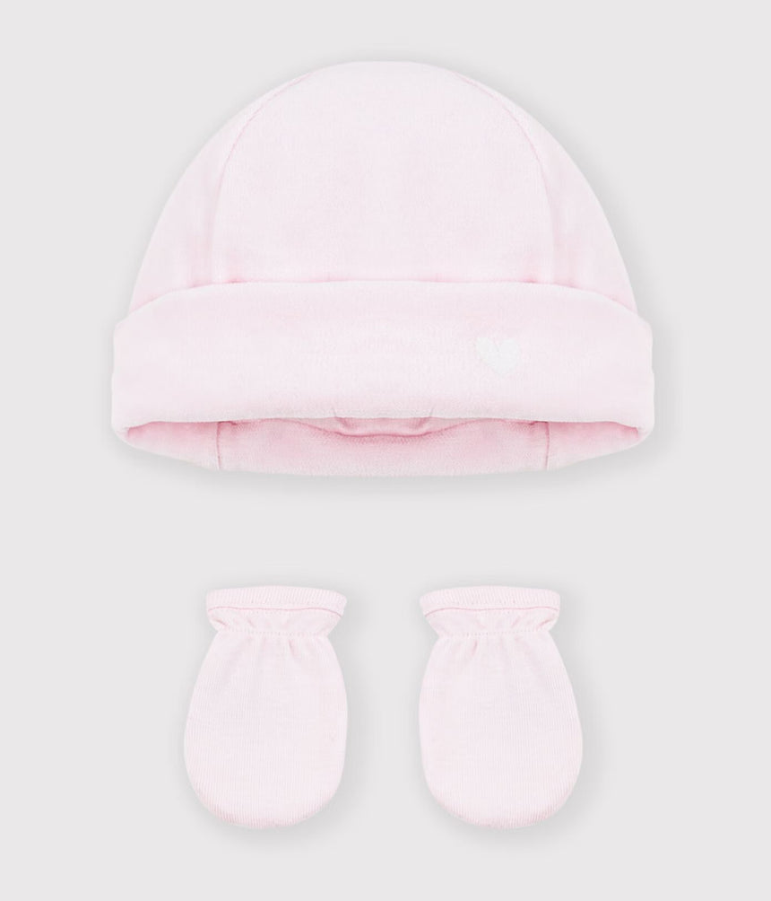 BABIES' PLAIN BEANIE AND MITTENS SET