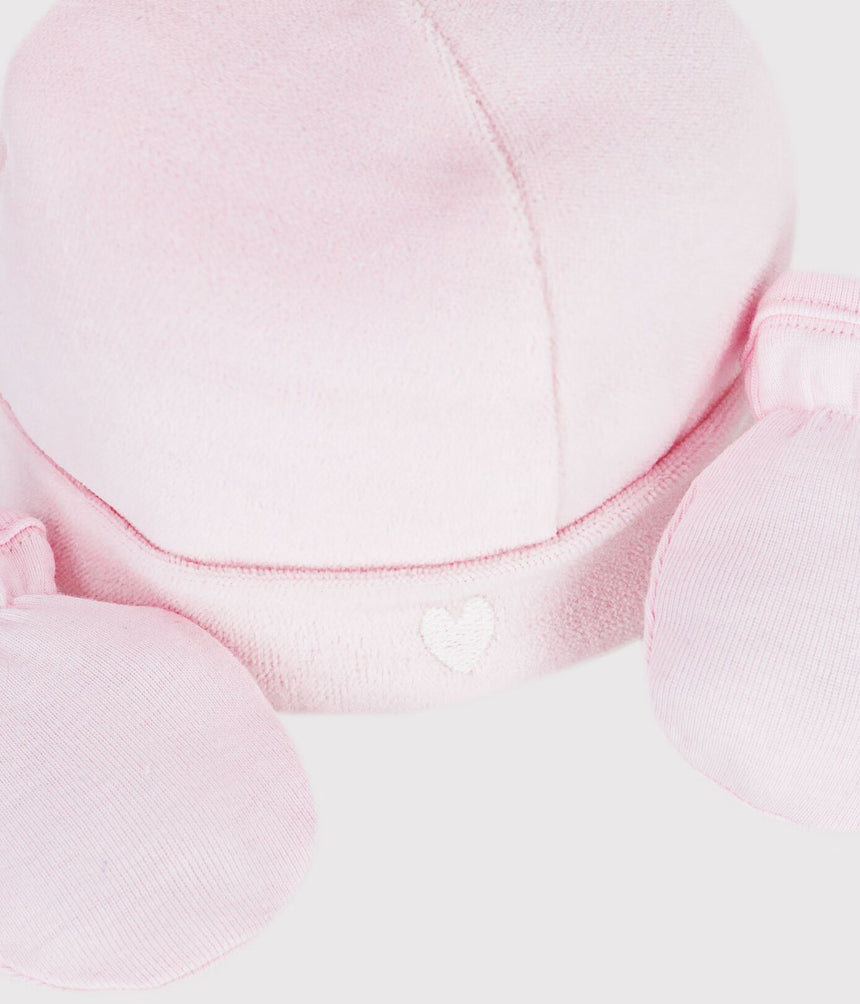 BABIES' PLAIN BEANIE AND MITTENS SET