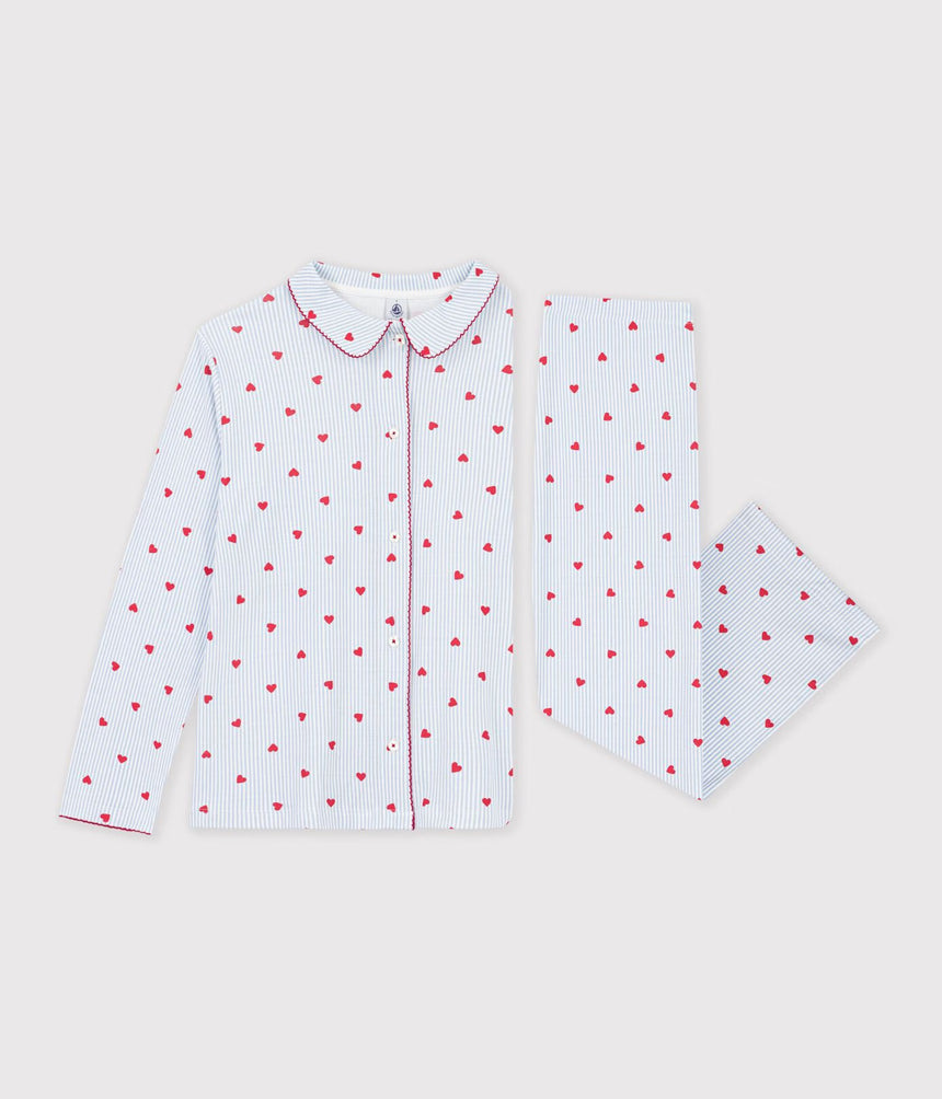 WOMEN'S BUTTONED STRIPE AND HEART PRINT COTTON PYJAMAS