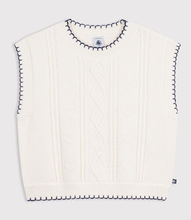 CHILDREN'S SLEEVELESS WOOL AND COTTON CABLE-KNIT JUMPER