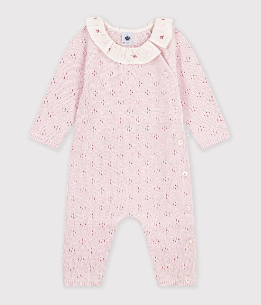 BABIES' JUMPSUIT IN WOOL AND COTTON KNIT WITH A PLAIN COLLAR