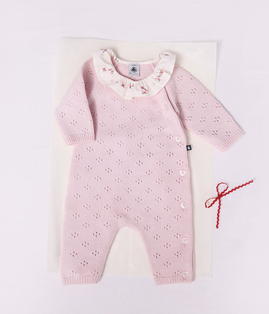 BABIES' JUMPSUIT IN WOOL AND COTTON KNIT WITH A PLAIN COLLAR