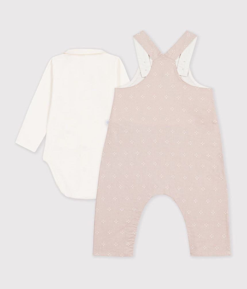 BABIES' DUNGAREES AND BODY SET IN COTTON WITH A PLAIN COLLAR