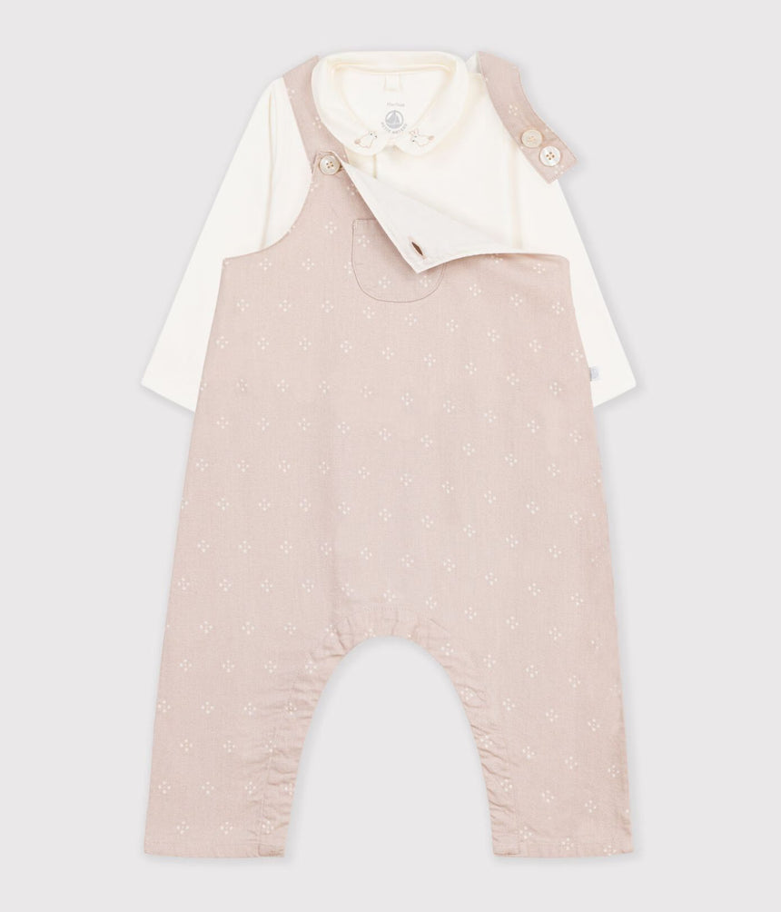 BABIES' DUNGAREES AND BODY SET IN COTTON WITH A PLAIN COLLAR