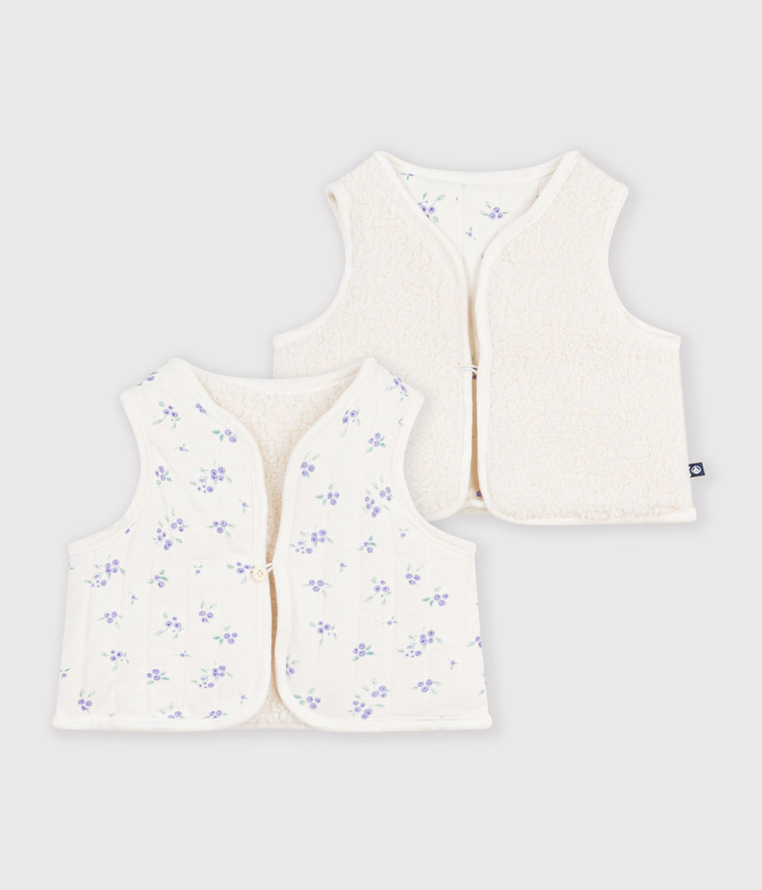 BABIES' SLEEVELESS FLORAL PRINT COTTON AND SHERPA CARDIGAN