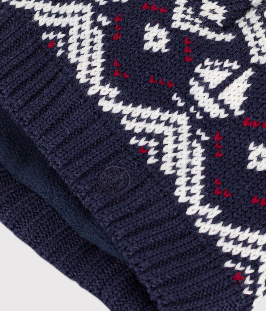 BABIES' WOOL AND COTTON JACQUARD BEANIE WITH A FLEECE LINING