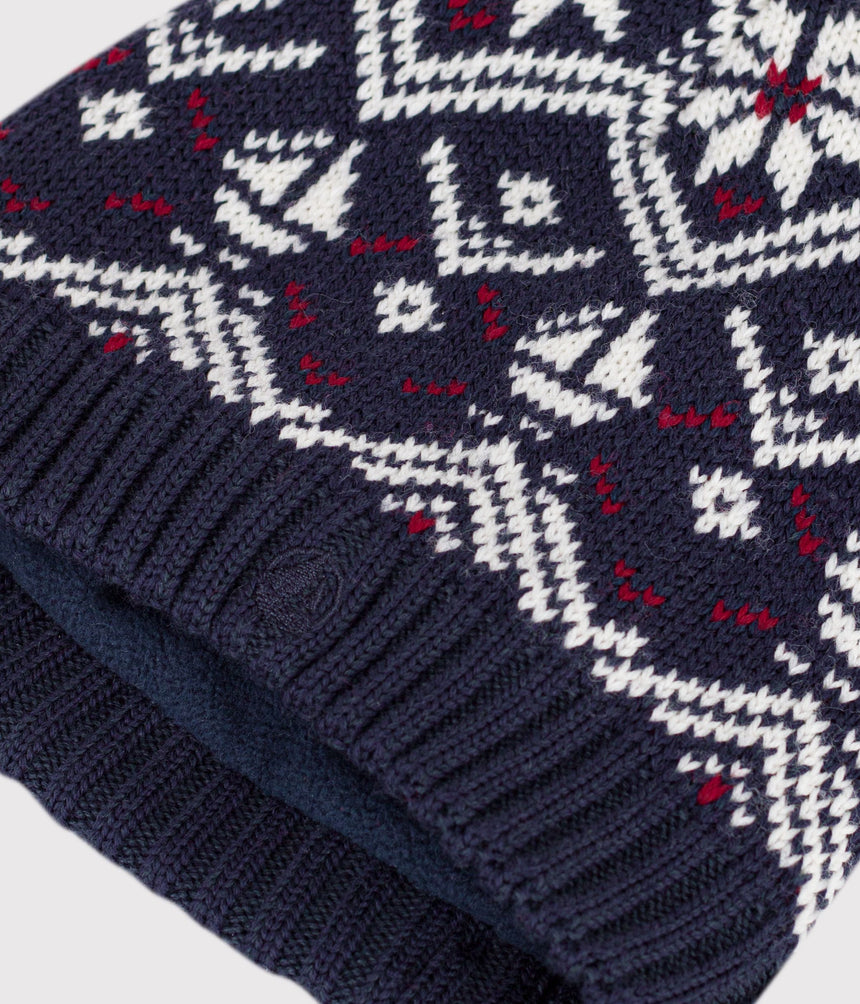 CHILDREN'S JACQUARD HAT IN WOOL AND COTTON WITH FLEECE LINING