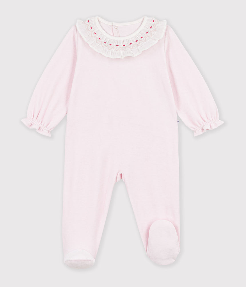 BABIES' PLAIN VELOUR PYJAMA SUIT WITH A RUFF AND A BACK OPENING