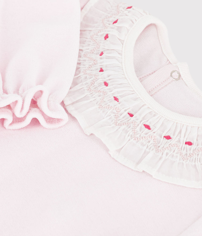 BABIES' PLAIN VELOUR PYJAMA SUIT WITH A RUFF AND A BACK OPENING