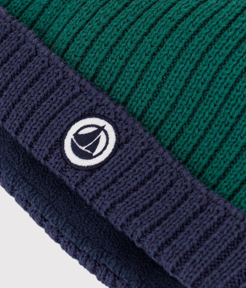 BABIES' TWO-COLOUR KNITTED BEANIE WITH A FLEECE LINING