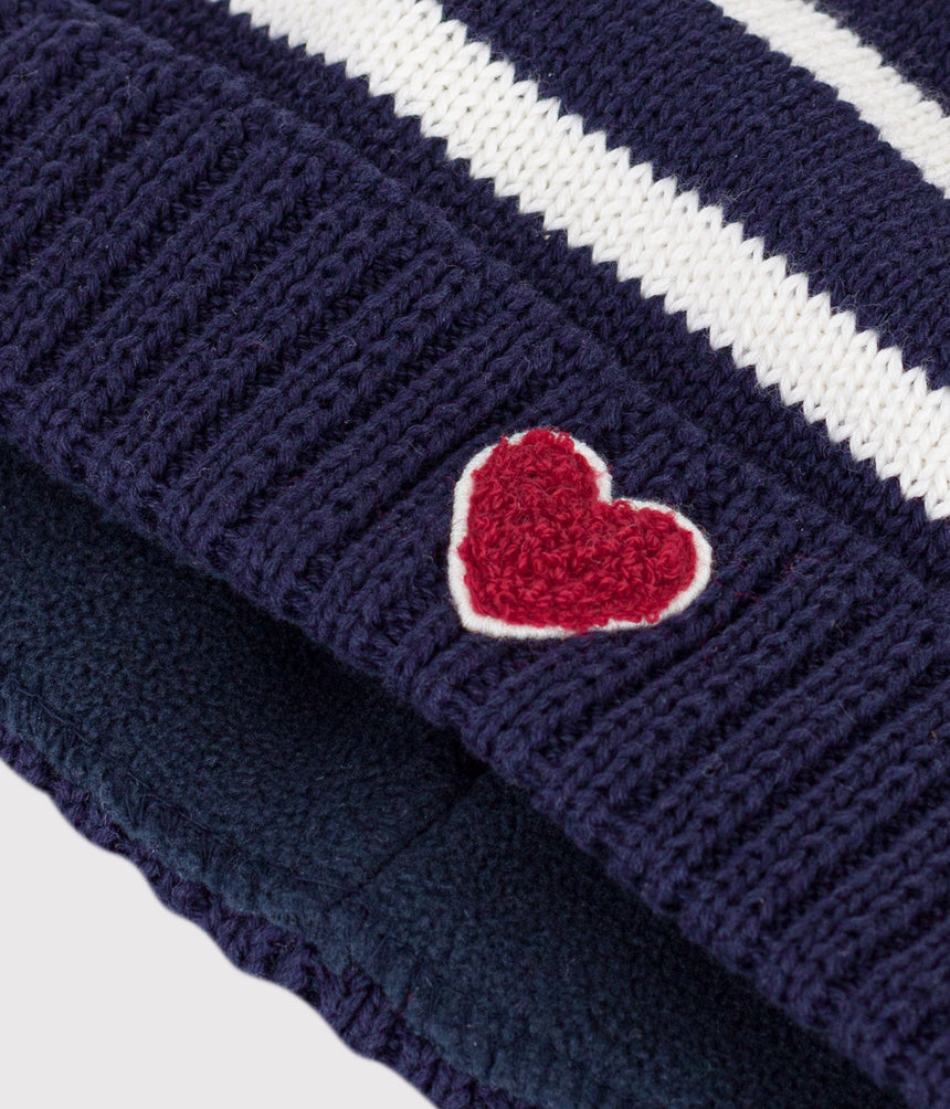 BABIES' STRIPY KNITTED BEANIE WITH A FLEECE LINING