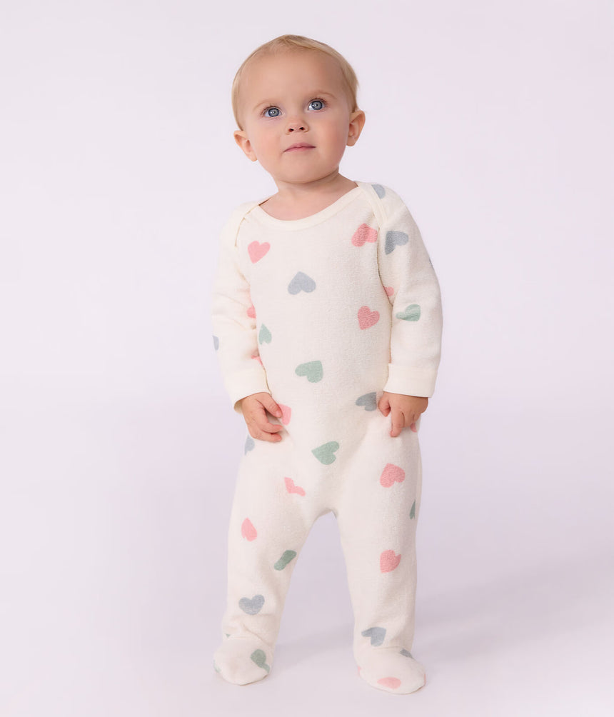 BABIES' HEART-PRINT POPPER-FREE COTTON TERRY PYJAMA SUIT