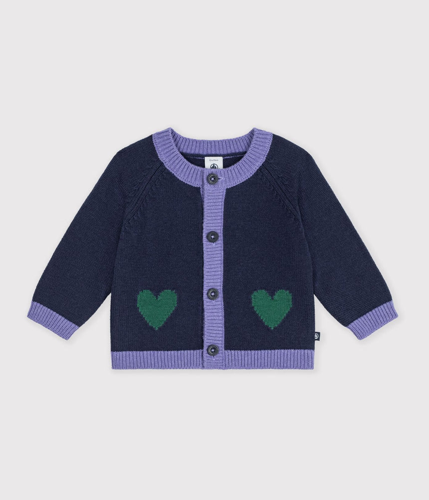 BABIES' JAQUARD HEART PATTERN CARDIGAN KNITTED IN WOOL AND COTTON