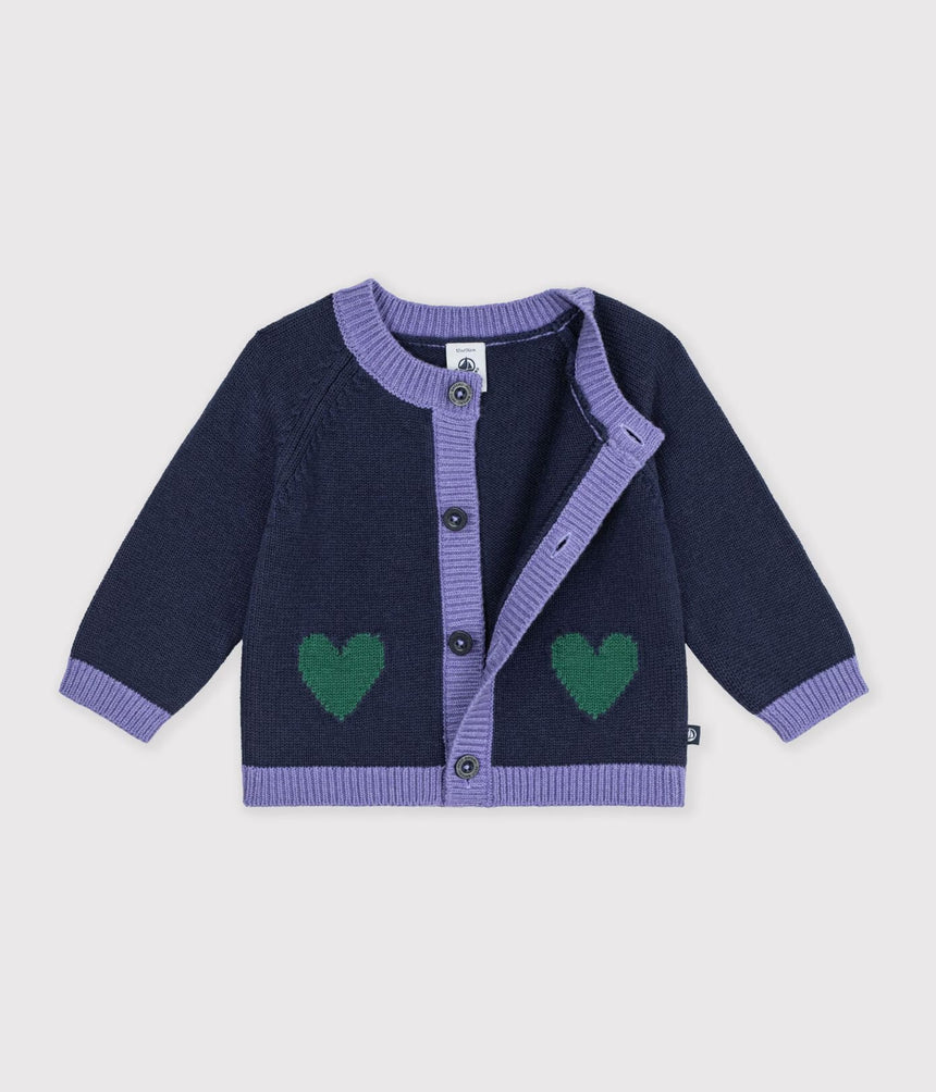 BABIES' JAQUARD HEART PATTERN CARDIGAN KNITTED IN WOOL AND COTTON