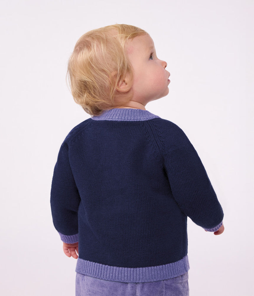 BABIES' JAQUARD HEART PATTERN CARDIGAN KNITTED IN WOOL AND COTTON