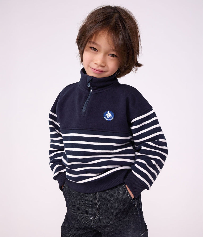 CHILDREN'S STRIPY SHAWL COLLARED COTTON SWEATSHIRT