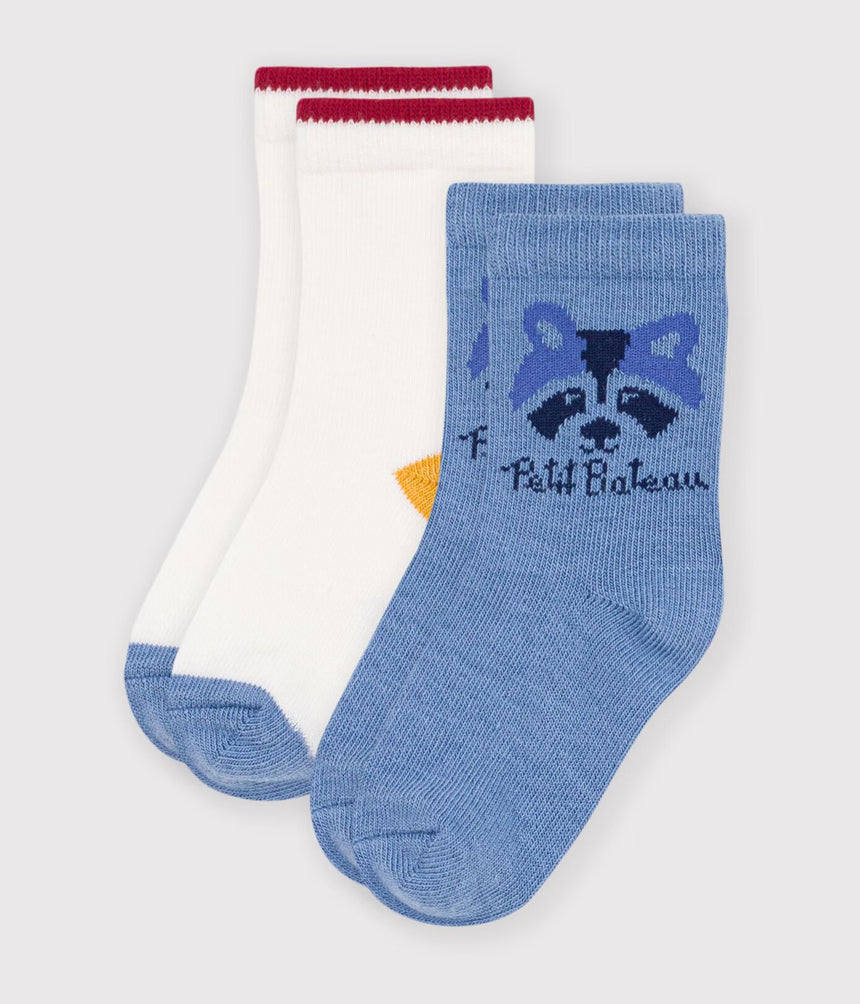 2 PAIRS OF BABIES' SOCKS IN PLAIN COTTON WITH AN ANIMAL PRINT