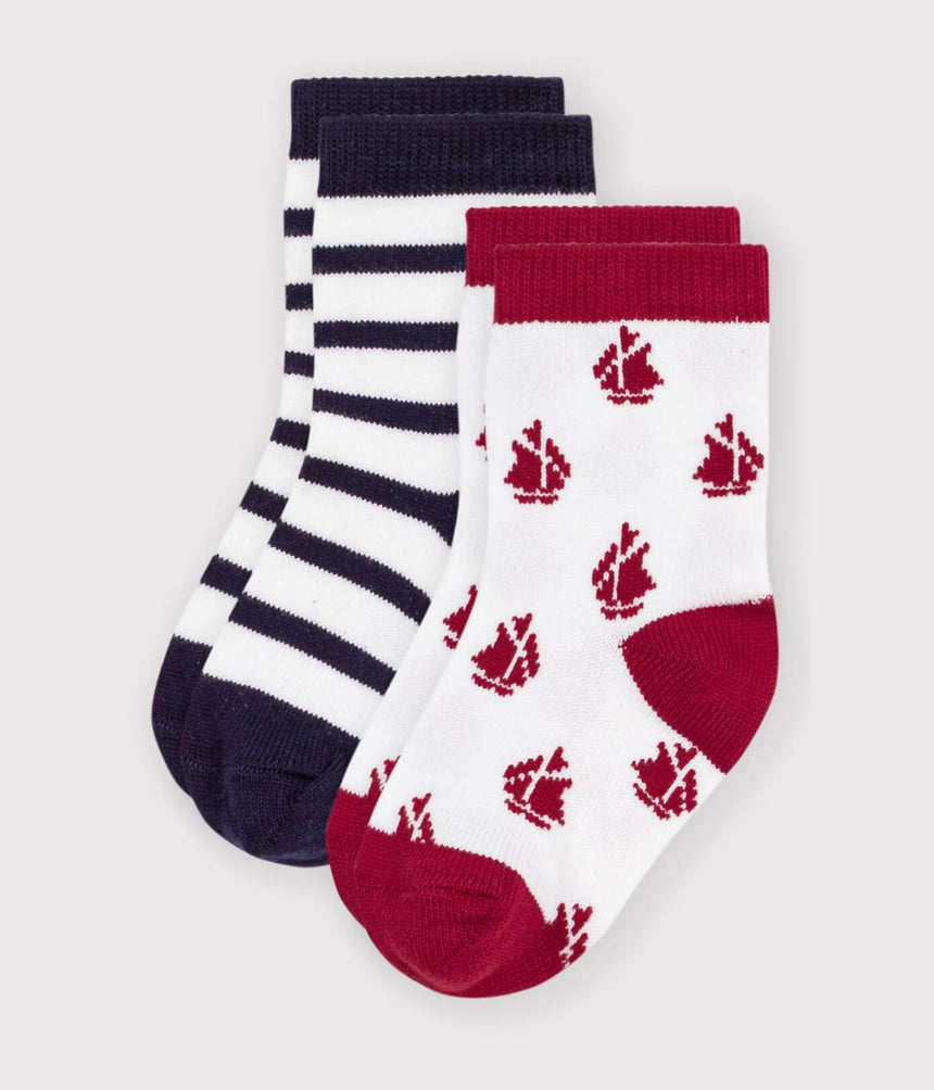 2 PAIRS OF BABY COTTON SOCKS WITH STRIPES AND A BOAT PRINT