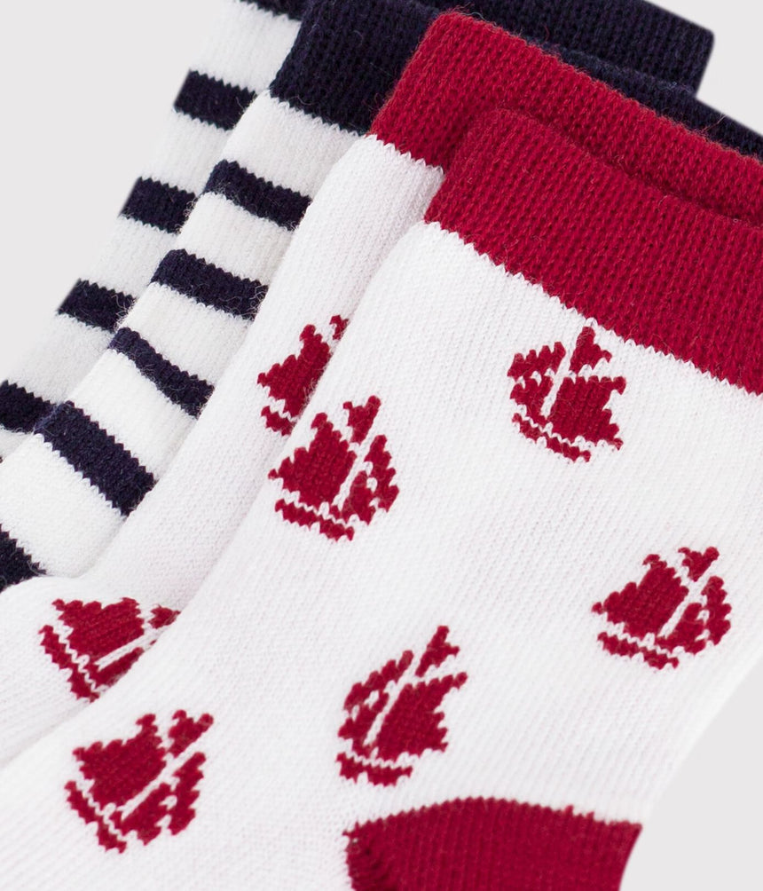 2 PAIRS OF BABY COTTON SOCKS WITH STRIPES AND A BOAT PRINT