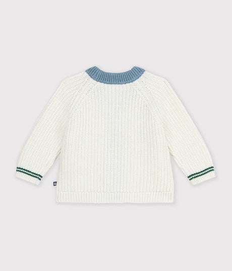 BABIES' WOOL AND COTTON KNIT CARDIGAN WITH CONTRAST DETAILS