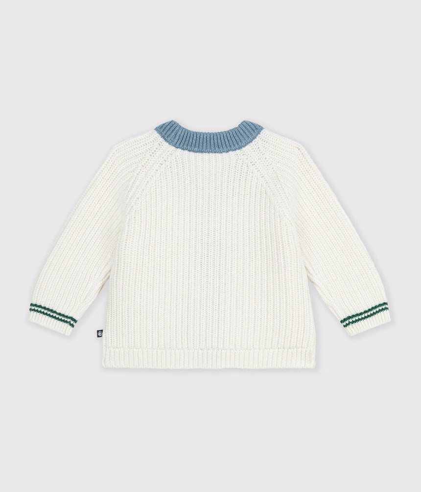 BABIES' WOOL AND COTTON KNIT CARDIGAN WITH CONTRAST DETAILS