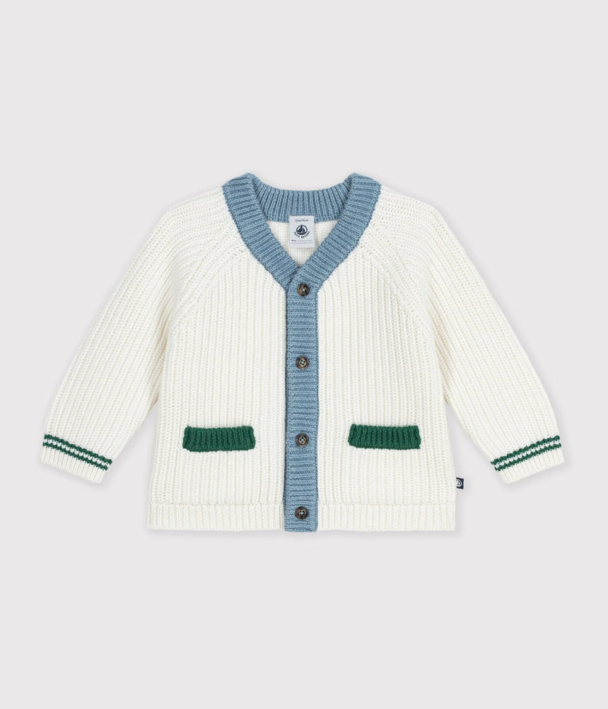 BABIES' WOOL AND COTTON KNIT CARDIGAN WITH CONTRAST DETAILS
