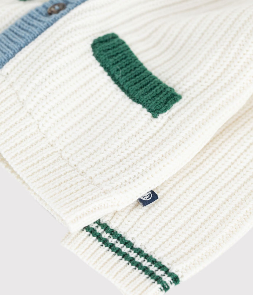 BABIES' WOOL AND COTTON KNIT CARDIGAN WITH CONTRAST DETAILS
