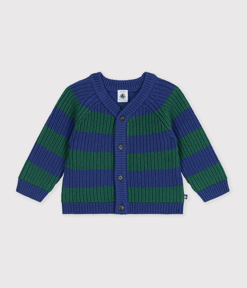 BABIES' STRIPY WOOL AND COTTON KNIT CARDIGAN