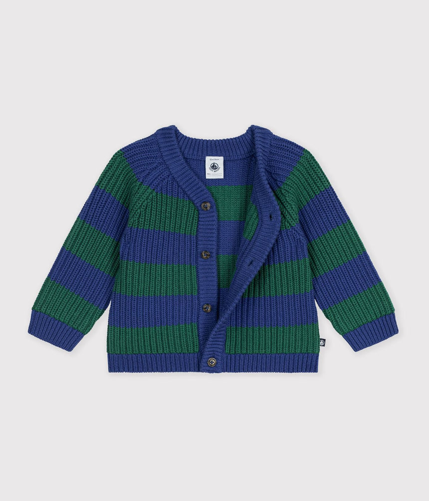 BABIES' STRIPY WOOL AND COTTON KNIT CARDIGAN