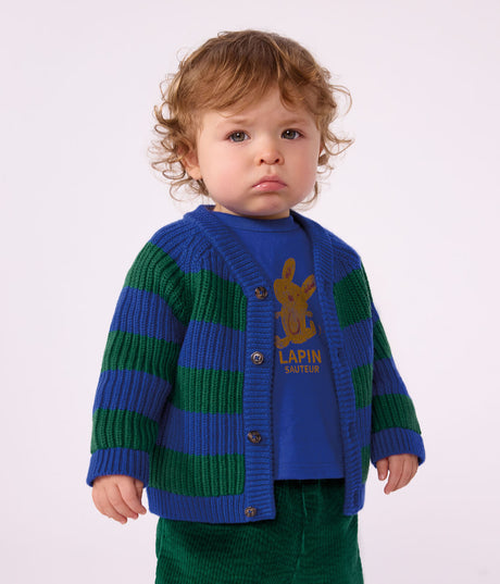 BABIES' STRIPY WOOL AND COTTON KNIT CARDIGAN