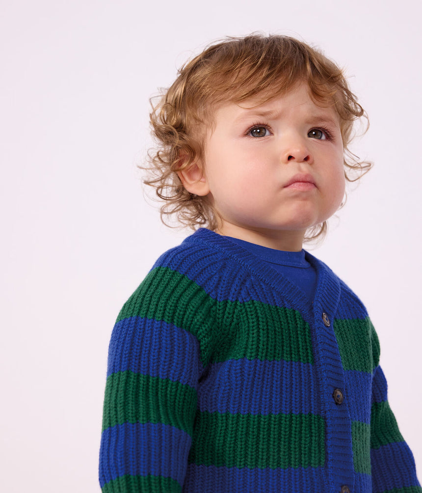 BABIES' STRIPY WOOL AND COTTON KNIT CARDIGAN