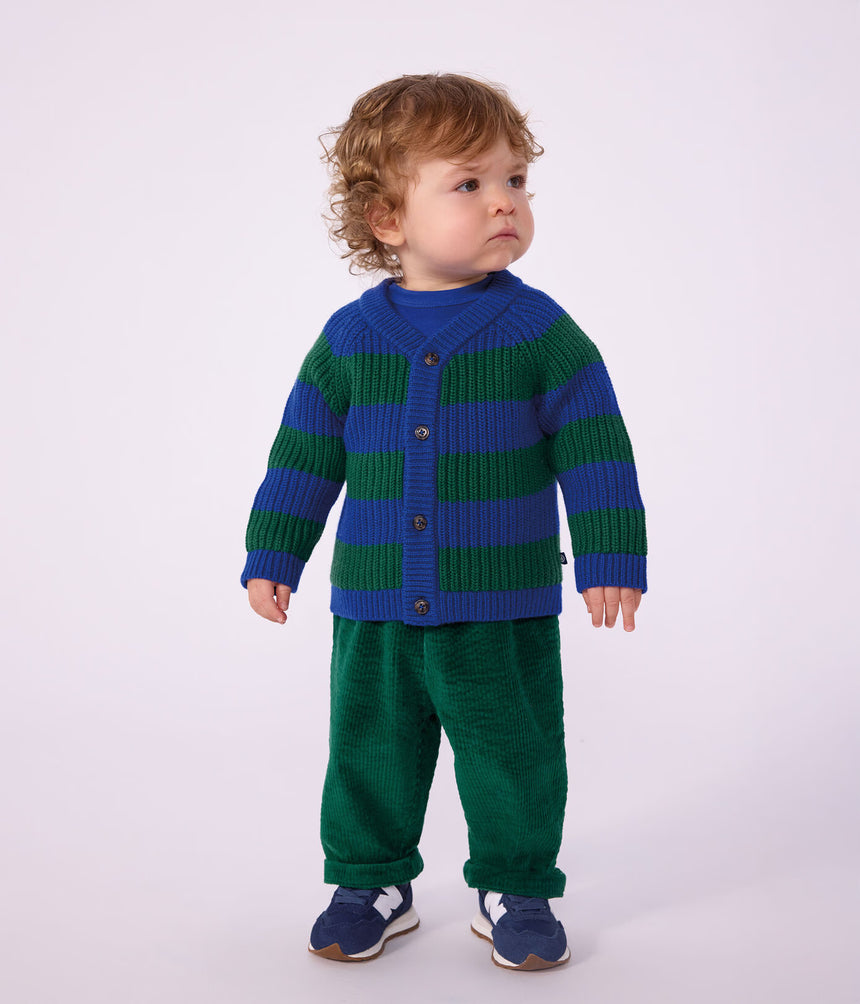 BABIES' STRIPY WOOL AND COTTON KNIT CARDIGAN