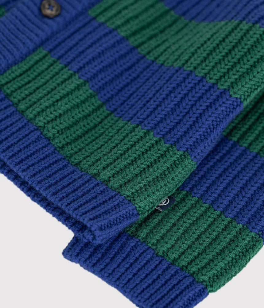 BABIES' STRIPY WOOL AND COTTON KNIT CARDIGAN