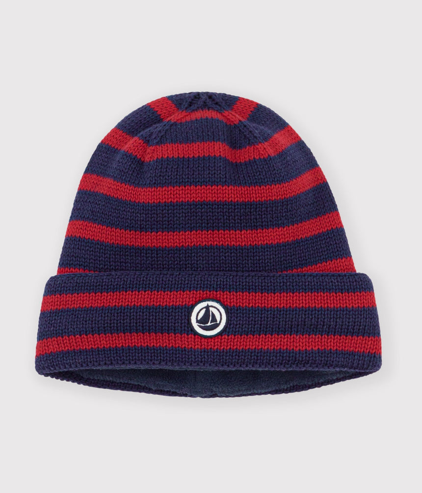 CHILDREN'S STRIPY KNITTED BEANIE HAT LINED IN POLAR FLEECE